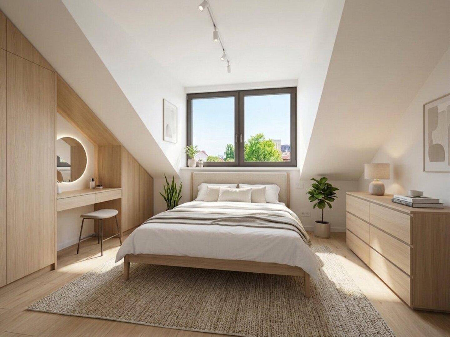 Helles Schlafzimmer im Dachgeschoss mit Dachschrägen, Holzboden und integriertem Schminktisch.