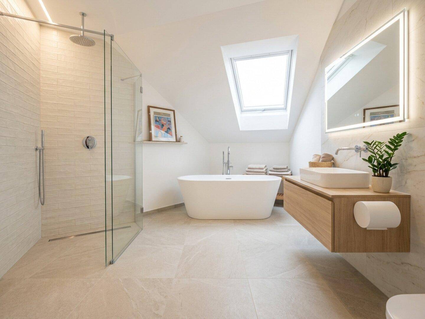 Modernes Badezimmer mit freistehender Badewanne, begehbarer Dusche und Dachfenster.