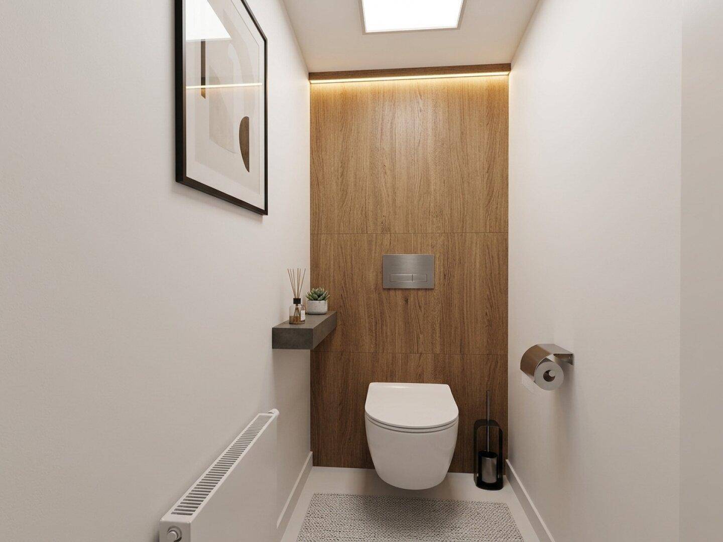 Modernes Gäste-WC mit wandhängender Toilette und Holzverkleidung an der Wand.