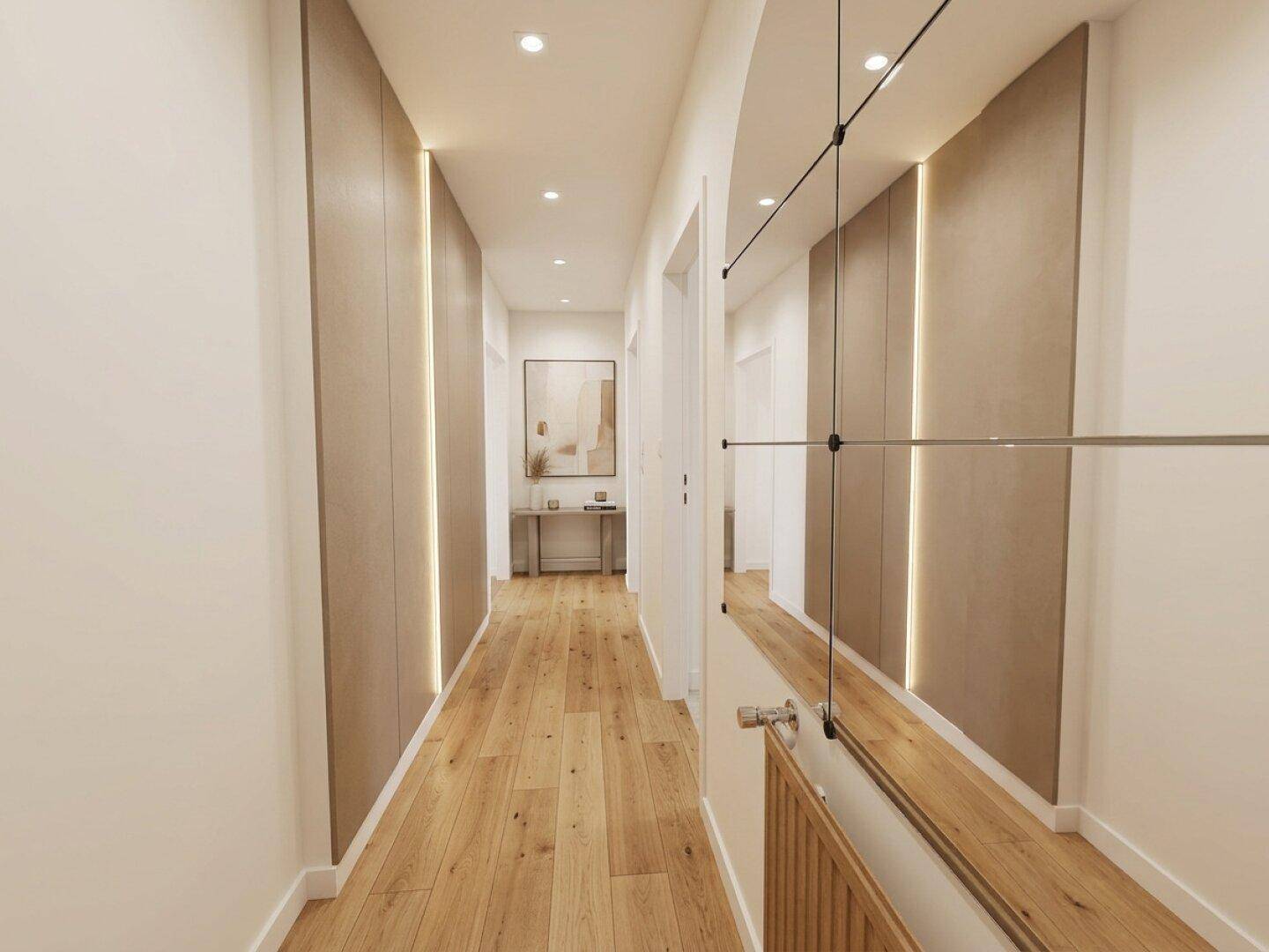 Moderner Flur mit Holzboden, integrierter Beleuchtung und Spiegelwand.