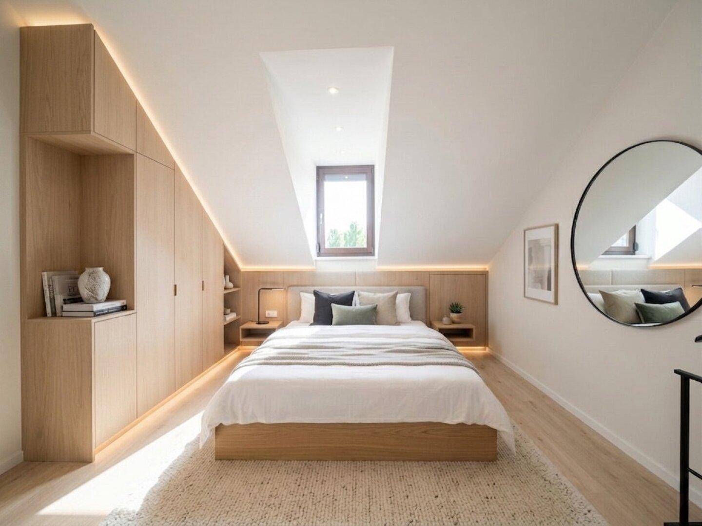 Modernes Schlafzimmer mit Dachschrägen, Holzboden, integrierten Schränken und Dachfenster.