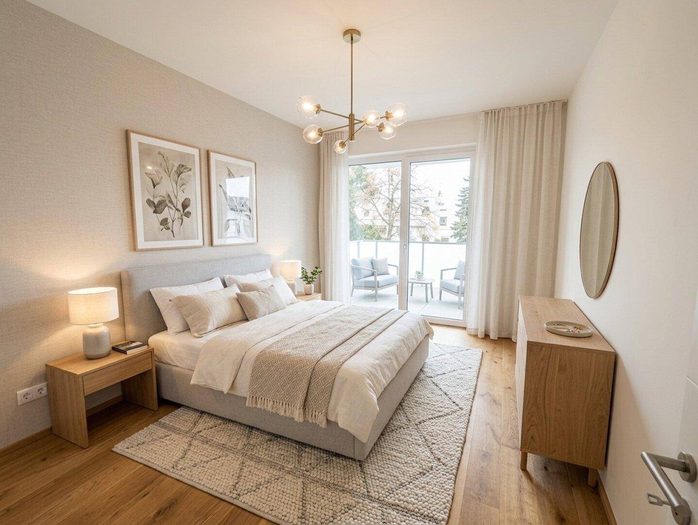 Helles Schlafzimmer mit Balkonzugang, Holzboden und moderner Einrichtung.
