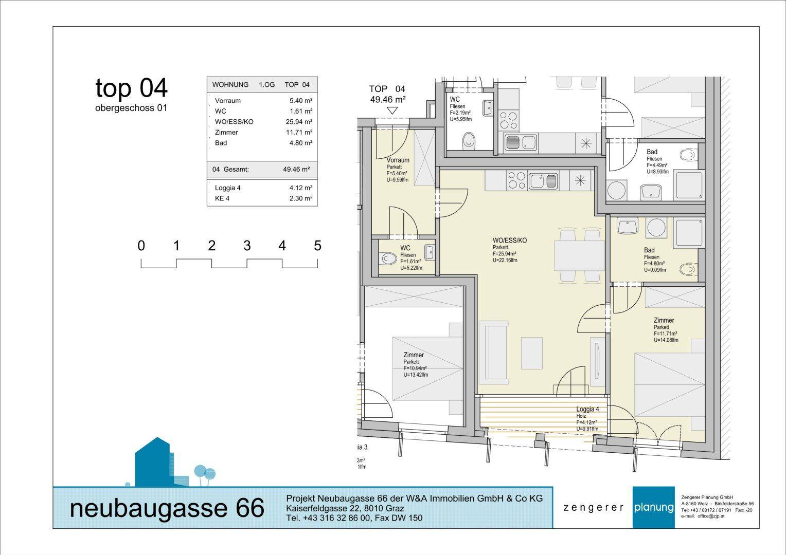 Detaillierter Grundriss der Wohnung TOP 04 mit 49,46 m² und Loggia.