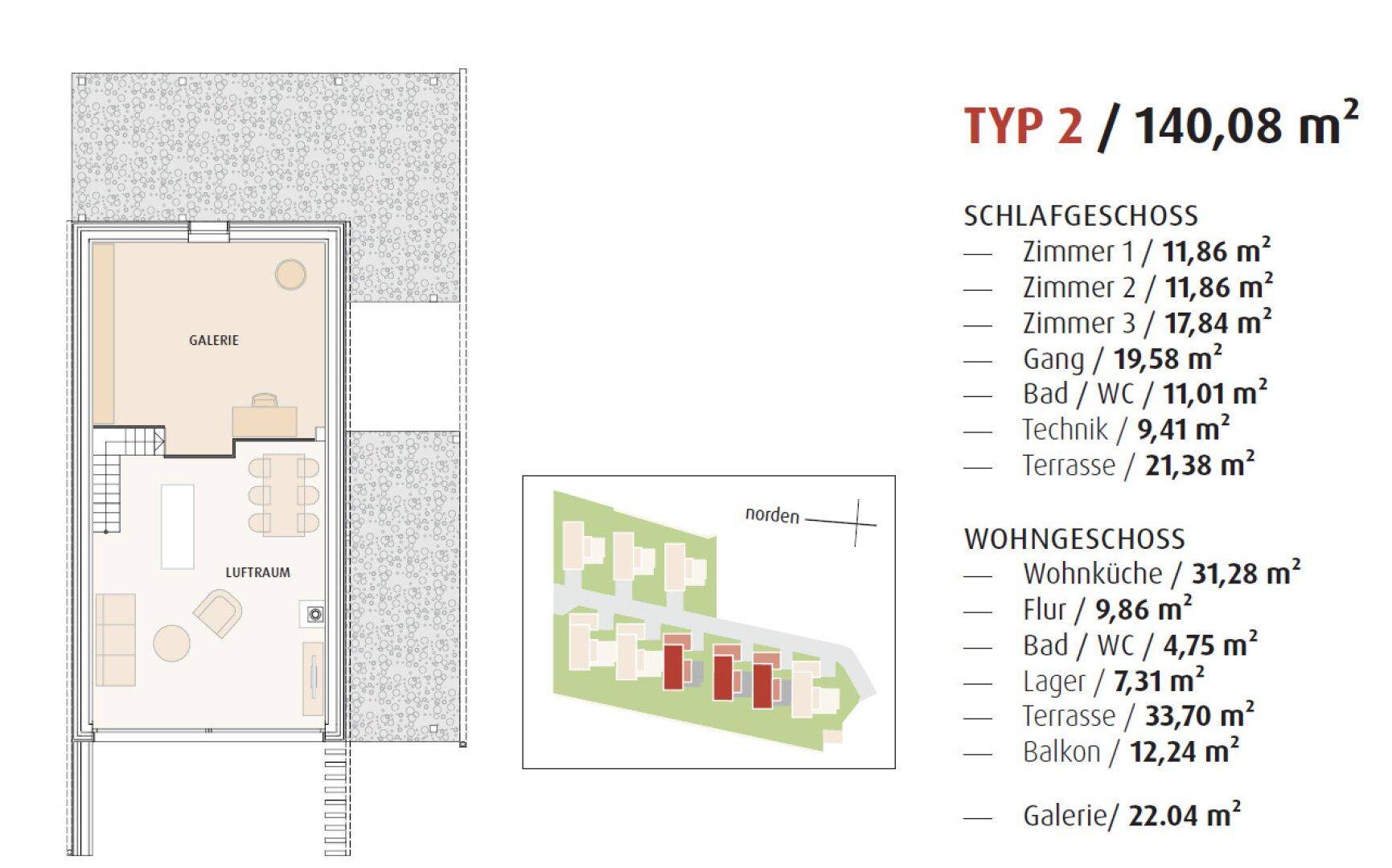 Grundriss für Typ 2 mit 140,08 m² Wohnfläche, inklusive Schlafgeschoss und Wohngeschoss.