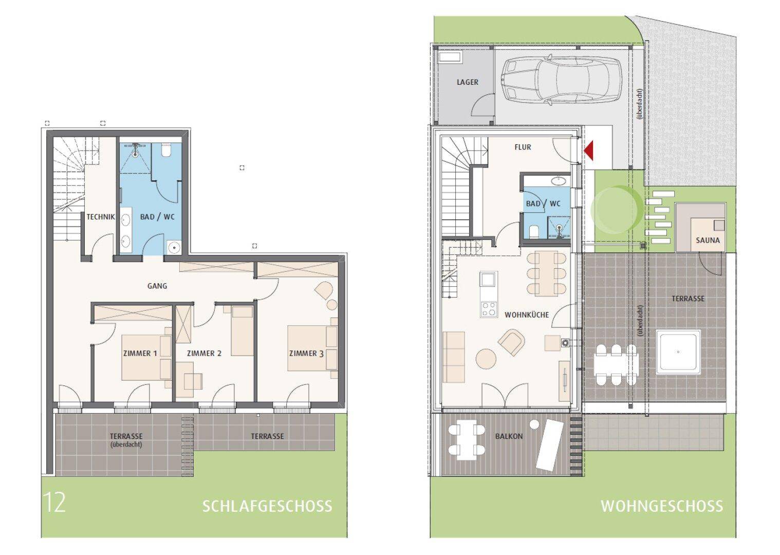 Grundriss des Schlafgeschosses und Wohngeschosses mit Terrasse, Balkon und Sauna.
