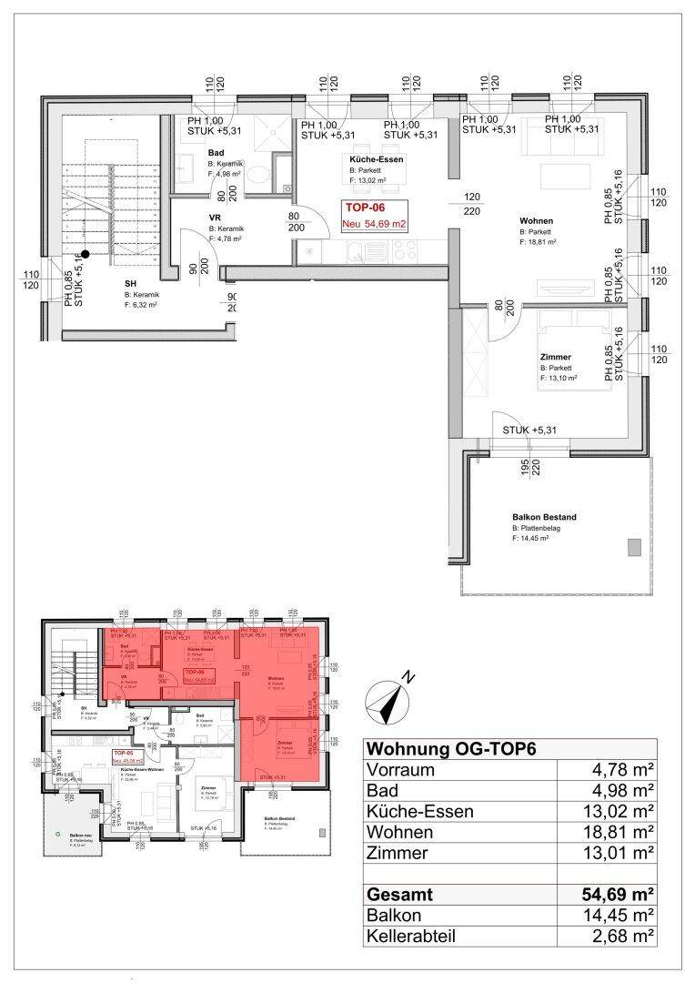 Grundriss der Wohnung TOP-06 mit Küche-Essen, Wohnen und Balkon, übersichtlich dargestellt.