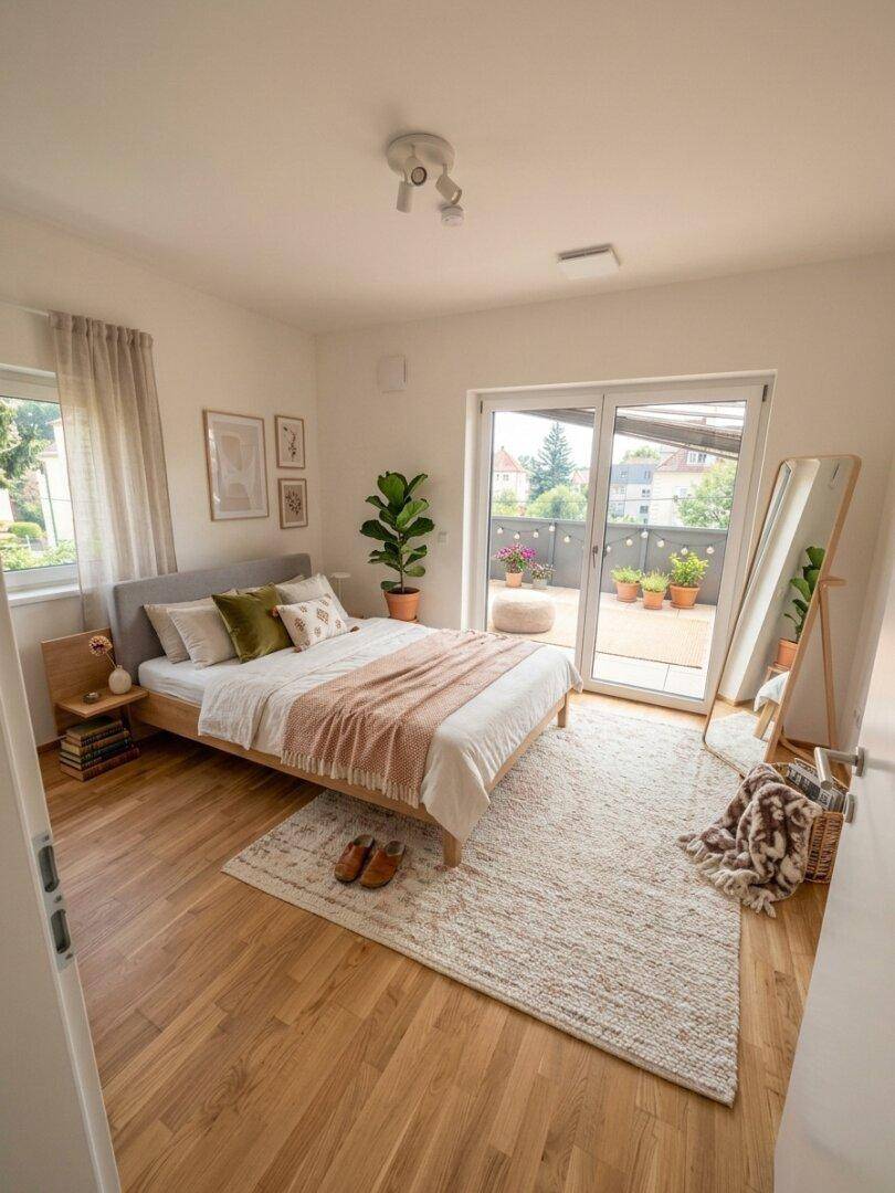 Helles Schlafzimmer mit Holzboden, Bett und direktem Zugang zum sonnigen Balkon.