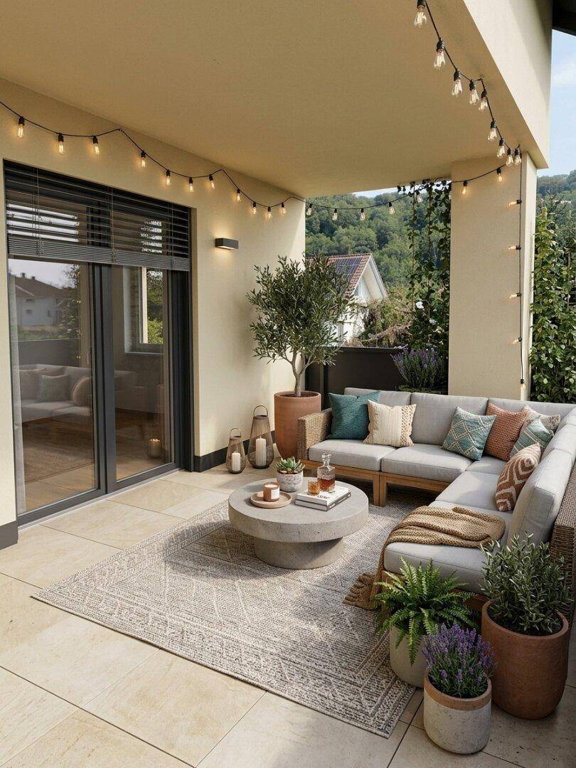 Gemütliche Terrasse mit Loungemöbeln, Pflanzen und Lichterkette, umgeben von Grün.
