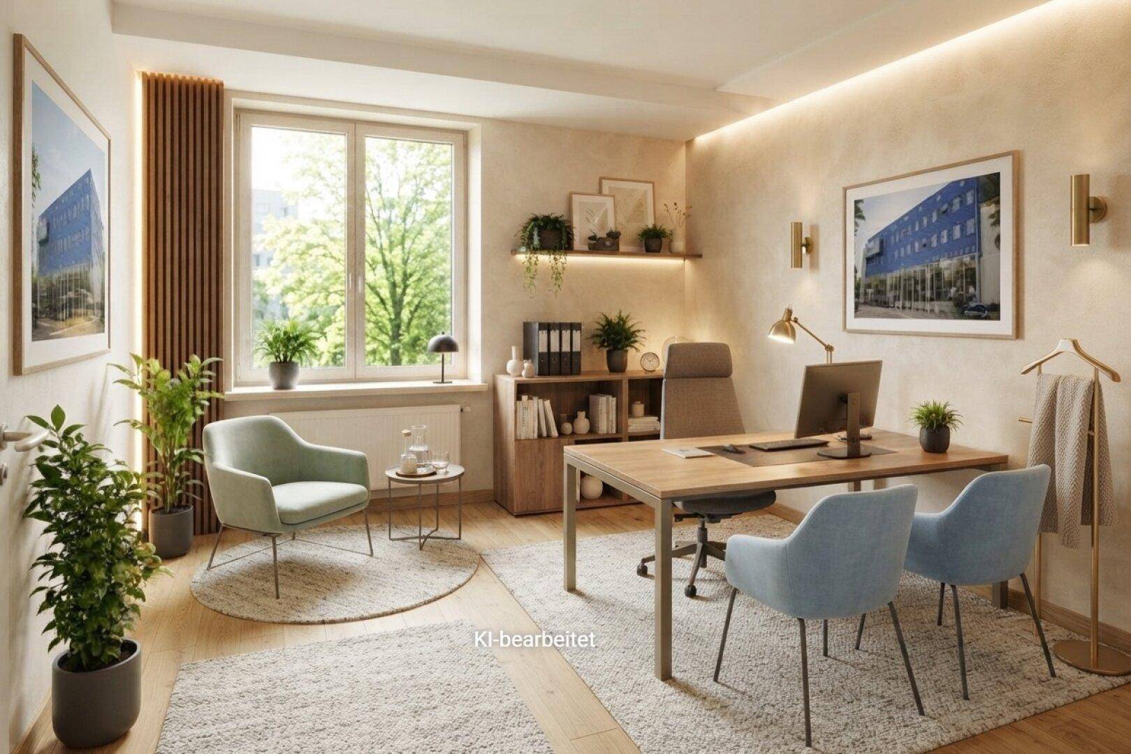 Helles Büro mit großem Fenster, Schreibtisch, bequemen Stühlen und Pflanzen.