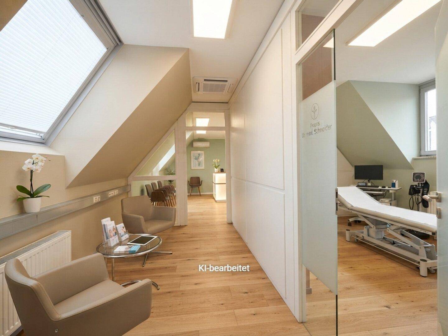 Gemütliches Wartezimmer im Dachgeschoss mit schrägen Wänden, Holzfußboden und Oberlichtern für Tageslicht.
