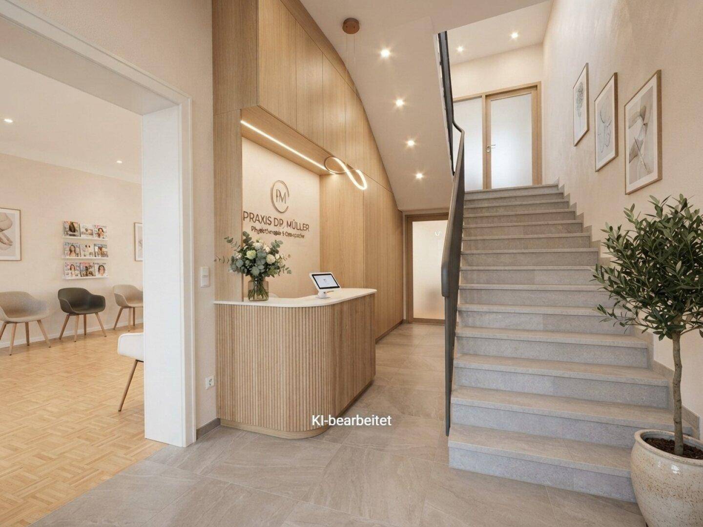 Moderner Empfangsbereich mit eleganter Holzvertäfelung, Steintreppe und stilvoller Beleuchtung.