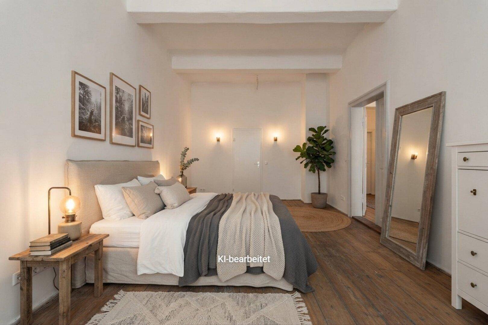 Helles Schlafzimmer mit Holzboden, großem Bett und dekorativem Spiegel.