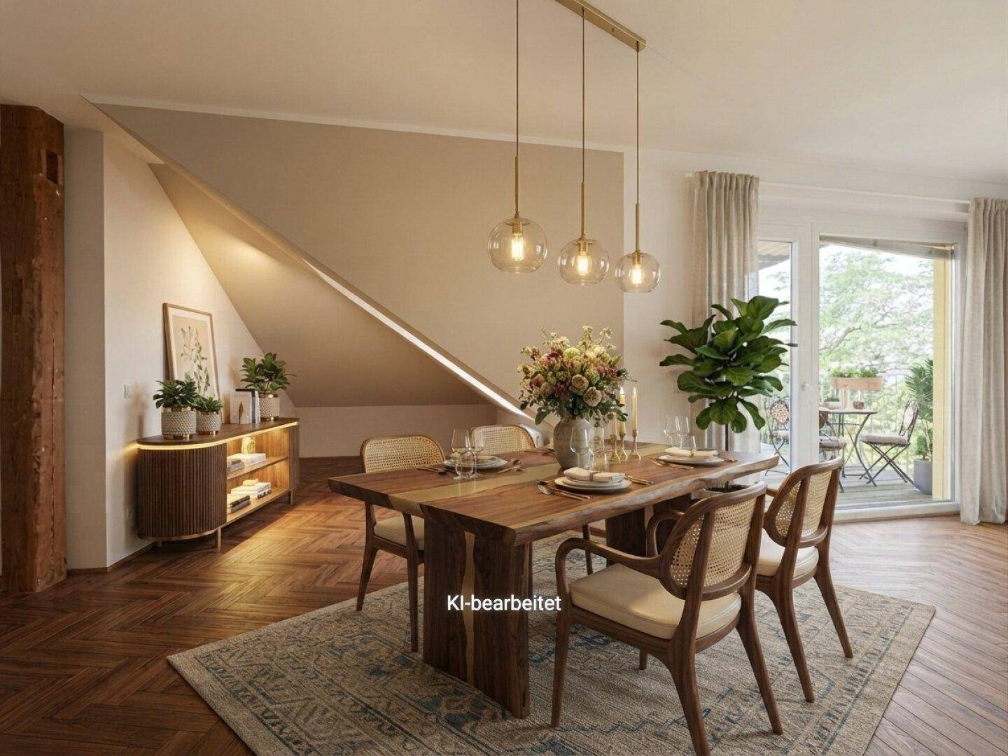 Heller Essbereich mit Holztisch, modernen Pendelleuchten und Zugang zu einem kleinen Balkon.