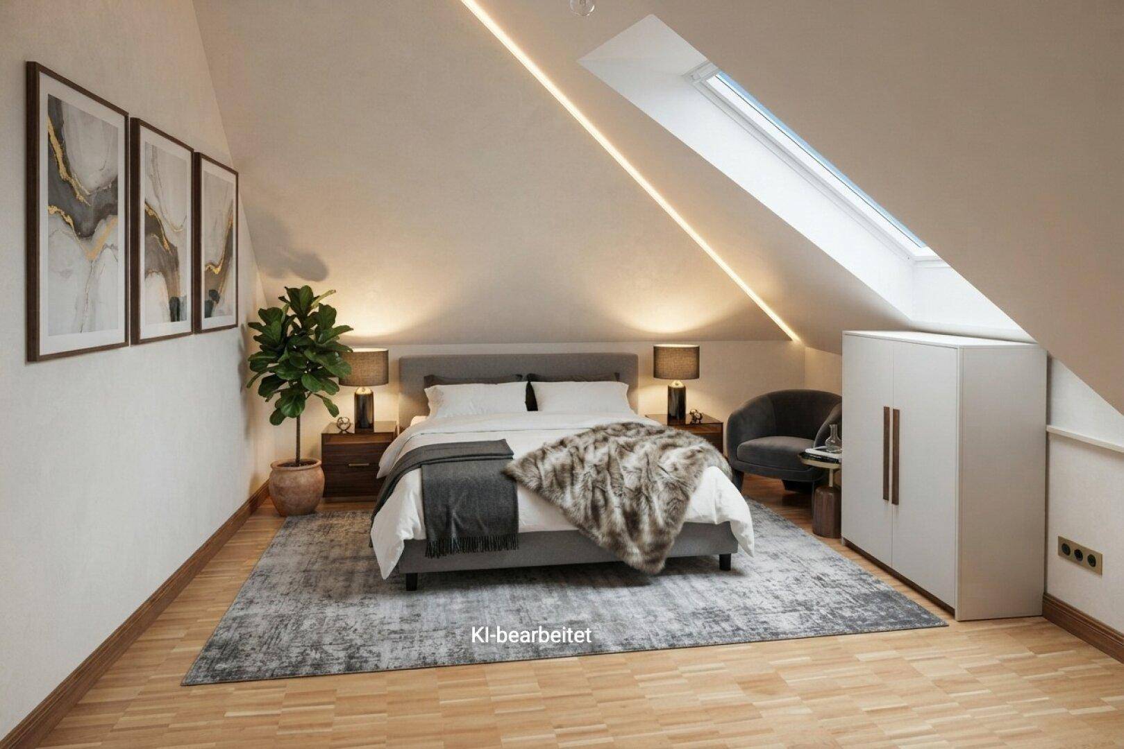 Modernes Schlafzimmer im Dachgeschoss mit Dachfenster, Holzboden und indirekter Beleuchtung.