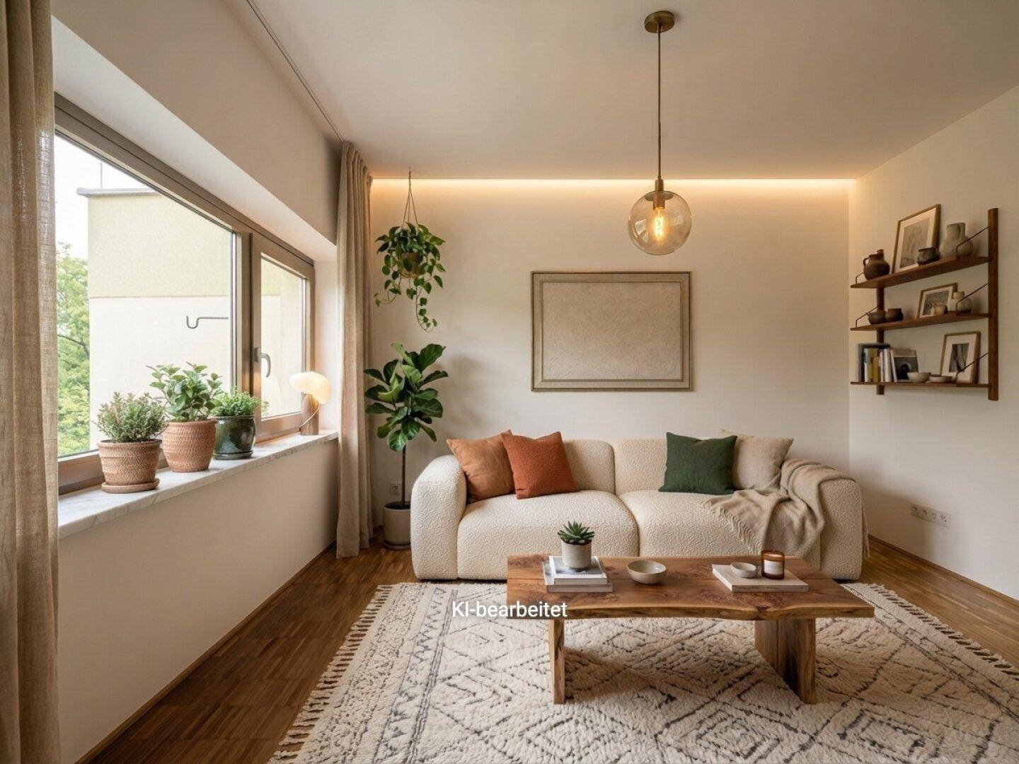 Helles Wohnzimmer mit großem Fenster, bequemer Couch, Holzboden und modernen Dekorationselementen.