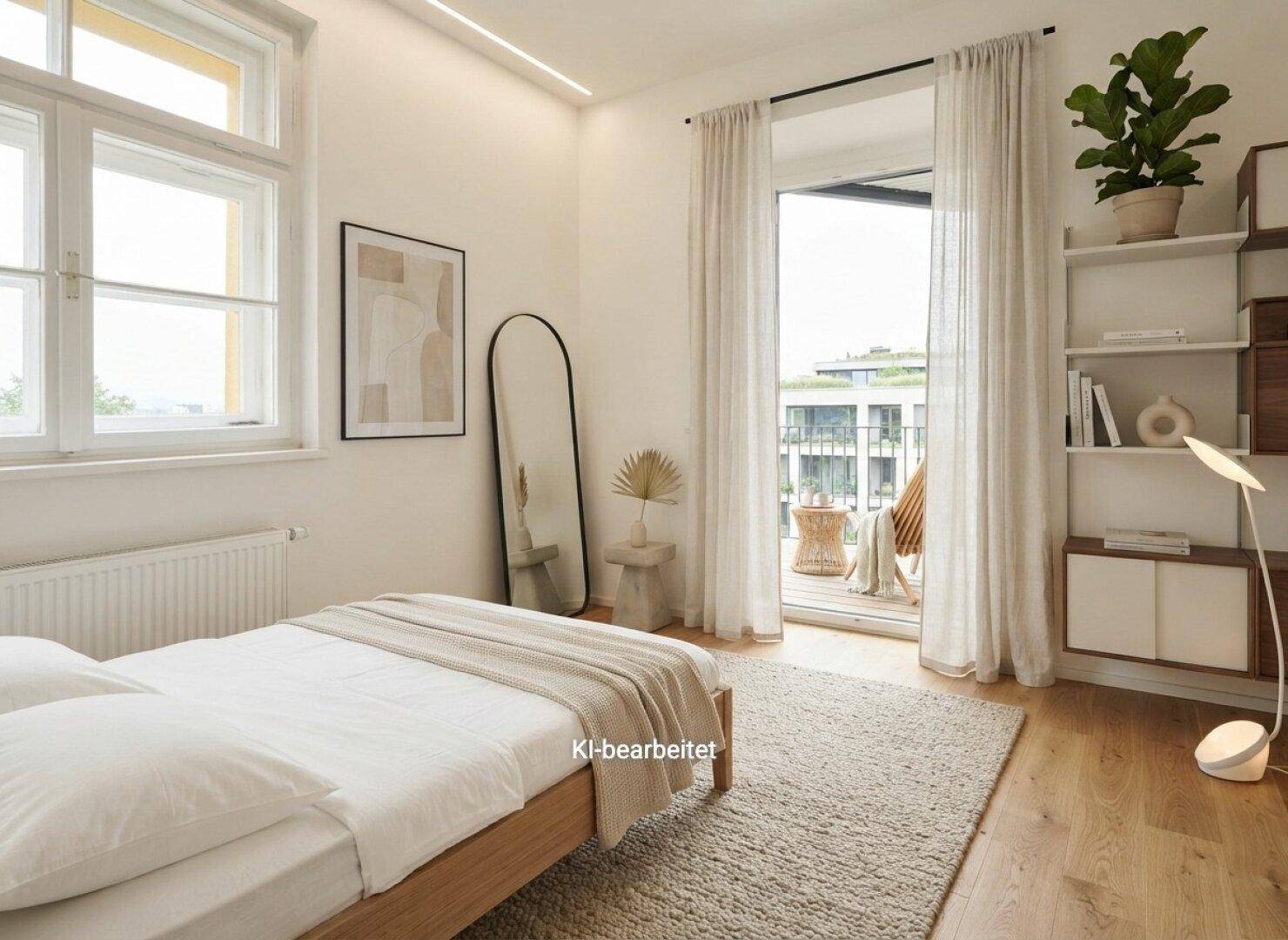 Helles Schlafzimmer mit Doppelbett, großem Spiegel und Zugang zum Balkon.