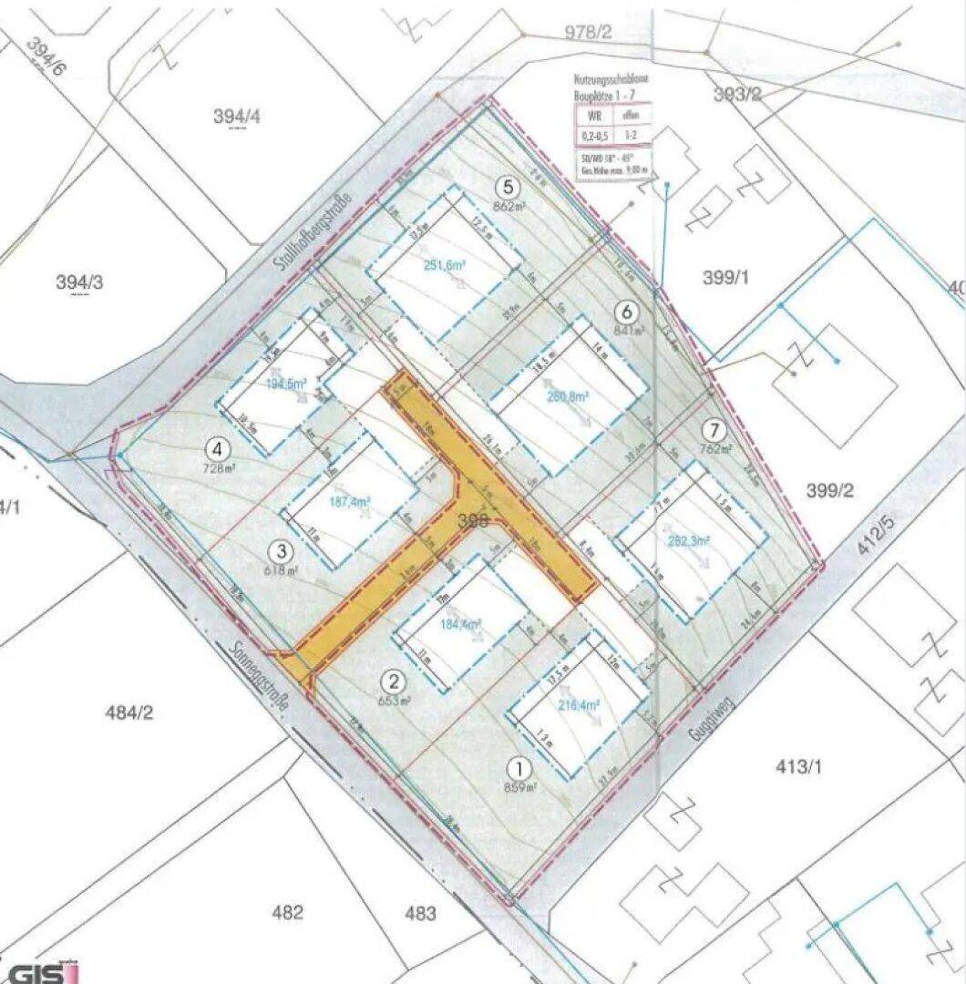 Detaillierter Lageplan eines Baugebiets mit mehreren Parzellen, Straßenführung und Grundstücksgrenzen, inklusive Flächenangaben.