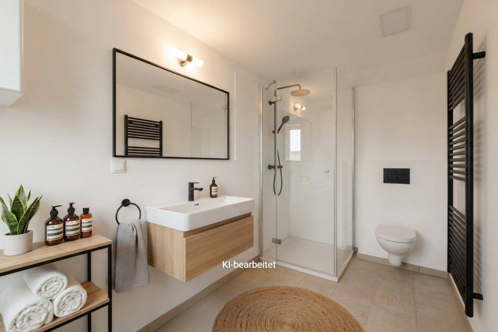 Modernes Badezimmer mit begehbarer Dusche, schwebendem Waschtisch und beheiztem Handtuchhalter für Komfort.