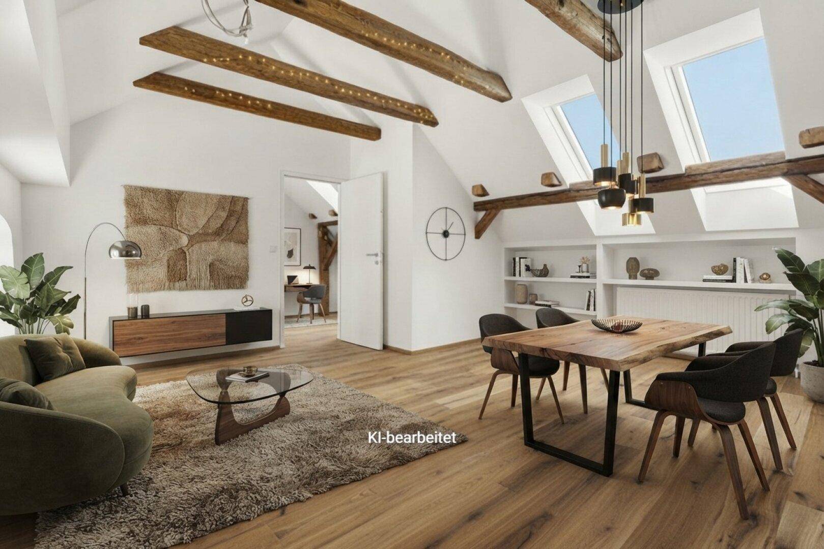 Gemütlicher Wohn-Essbereich mit Holzbalken, Dachfenstern und moderner Einrichtung.