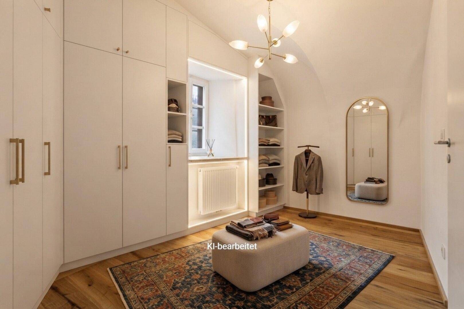 Heller Ankleideraum mit Einbauschränken, Fenster und modernem Design.