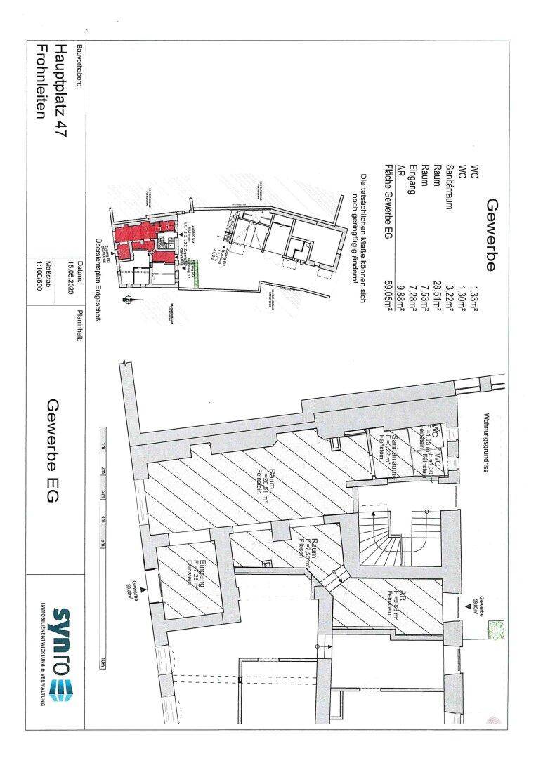 Grundriss des Erdgeschosses eines Gewerbeobjekts mit verschiedenen Räumen und Treppenhaus.