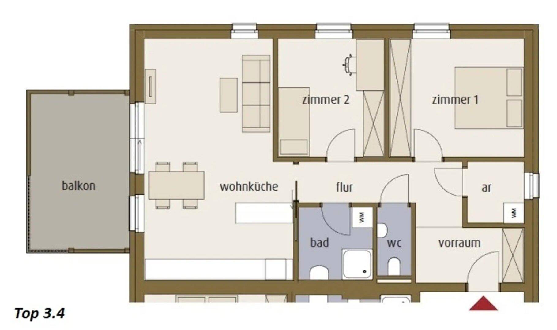 Grundriss einer Wohnung mit Wohnküche, zwei Zimmern, Bad, WC und Balkon.