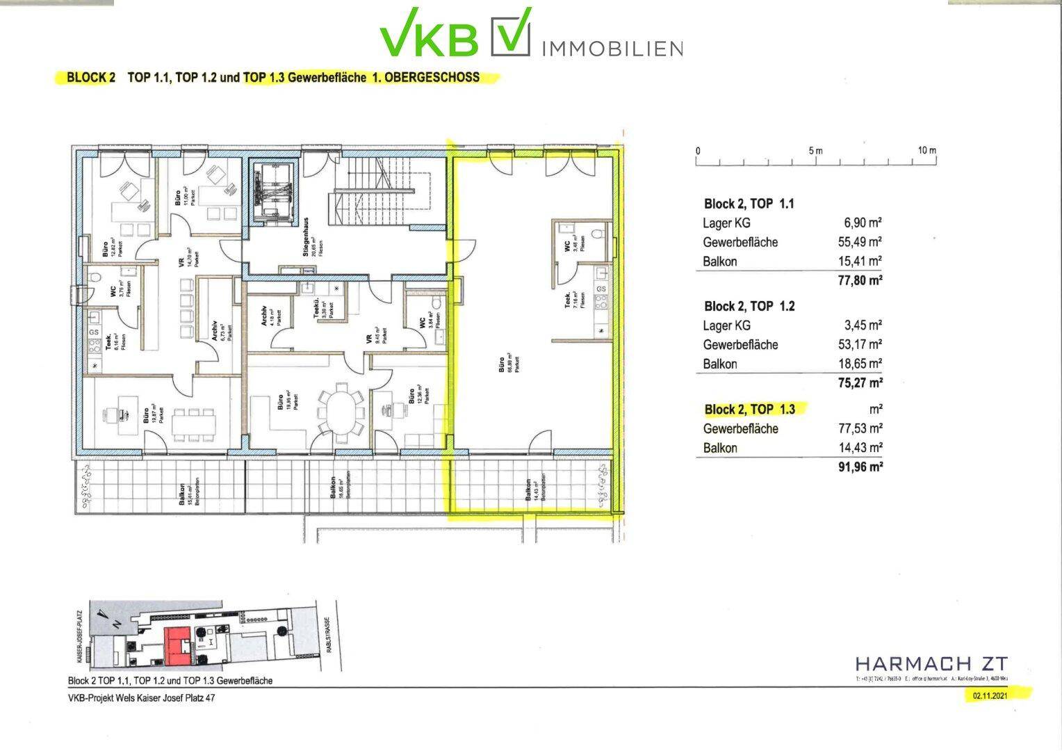 Detaillierter Grundriss für mehrere Einheiten mit Wohnbereichen, Lagerflächen und Balkonen.