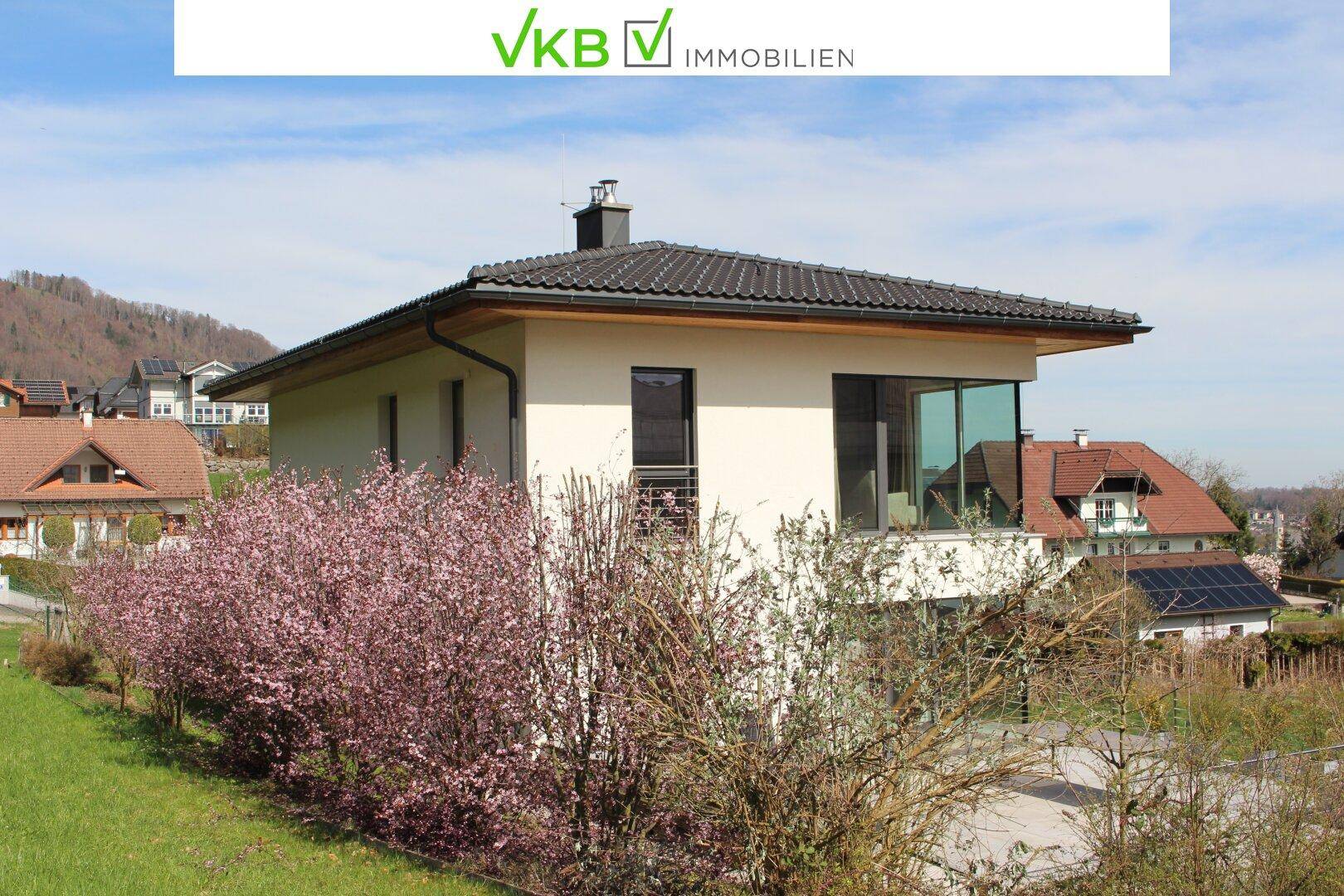 Seitenansicht des modernen Hauses mit blühenden Sträuchern und Blick auf die Nachbarschaft.
