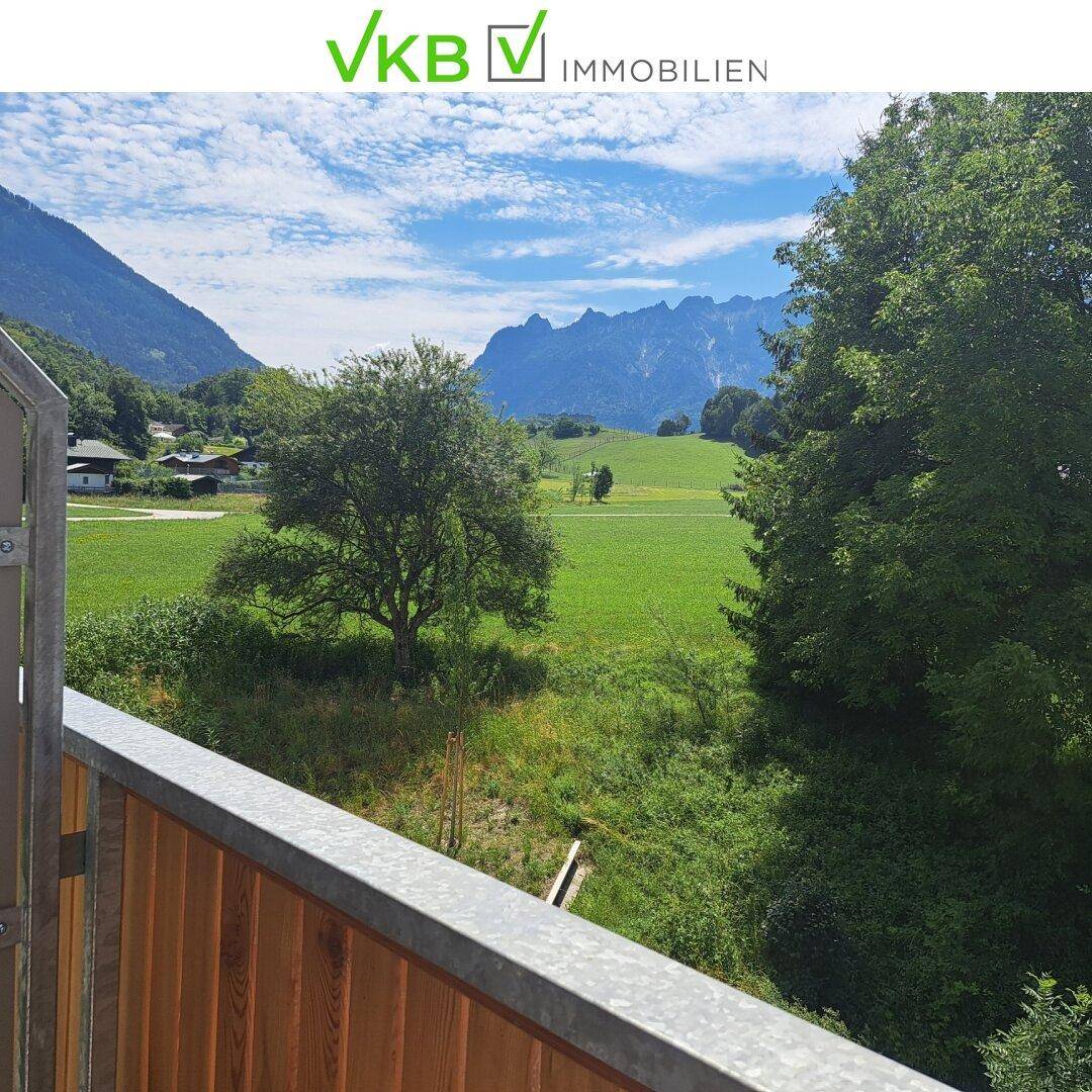 Malerischer Ausblick vom Balkon auf grüne Wiesen und die umliegende Berglandschaft.