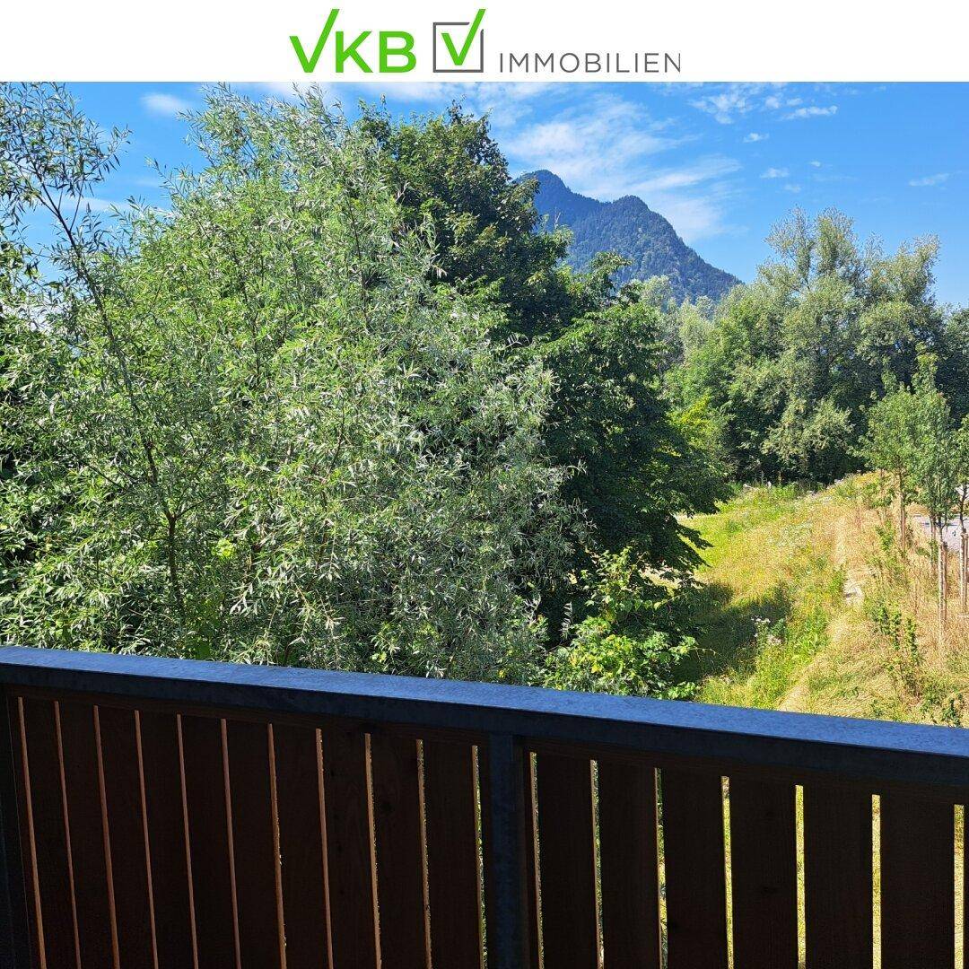 Panoramablick vom Balkon auf grüne Bäume und die umliegende Berglandschaft.