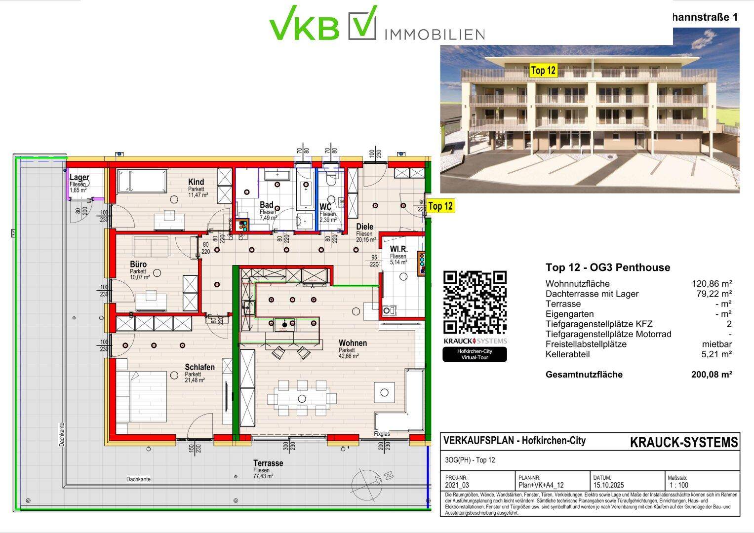 Detaillierter Grundriss einer Penthouse-Wohnung mit großer Terrasse, mehreren Zimmern und einer Außenansicht des Gebäudes.