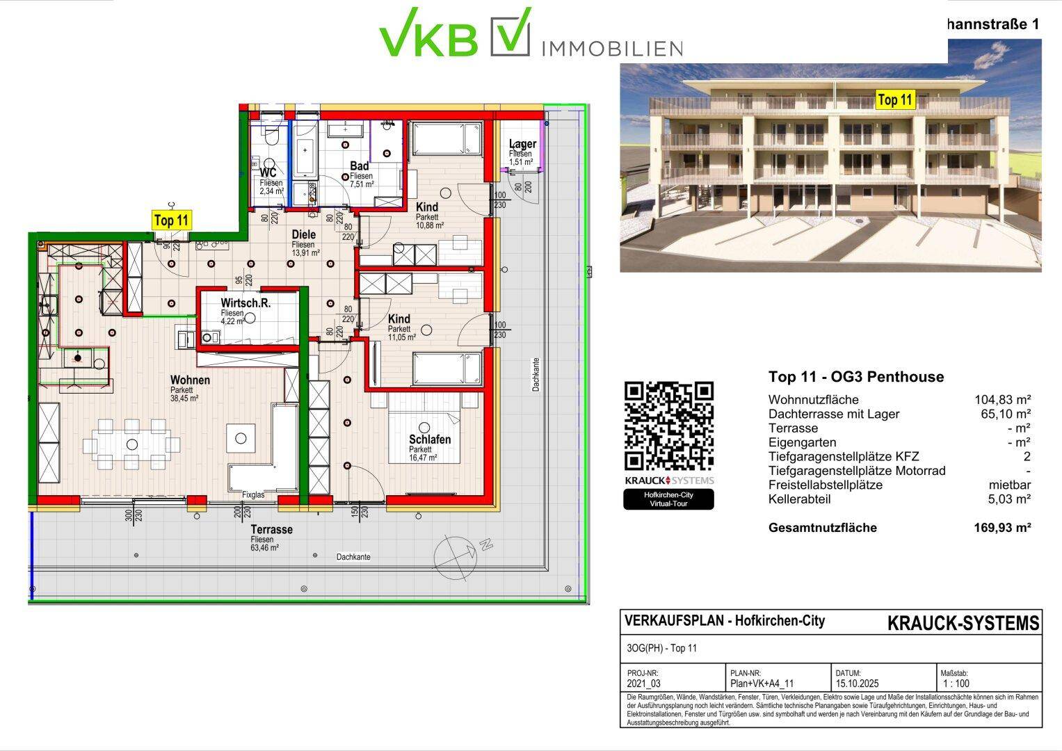 Grundriss einer modernen Penthouse-Wohnung mit offener Wohnküche, großer Dachterrasse und mehreren Schlafzimmern.