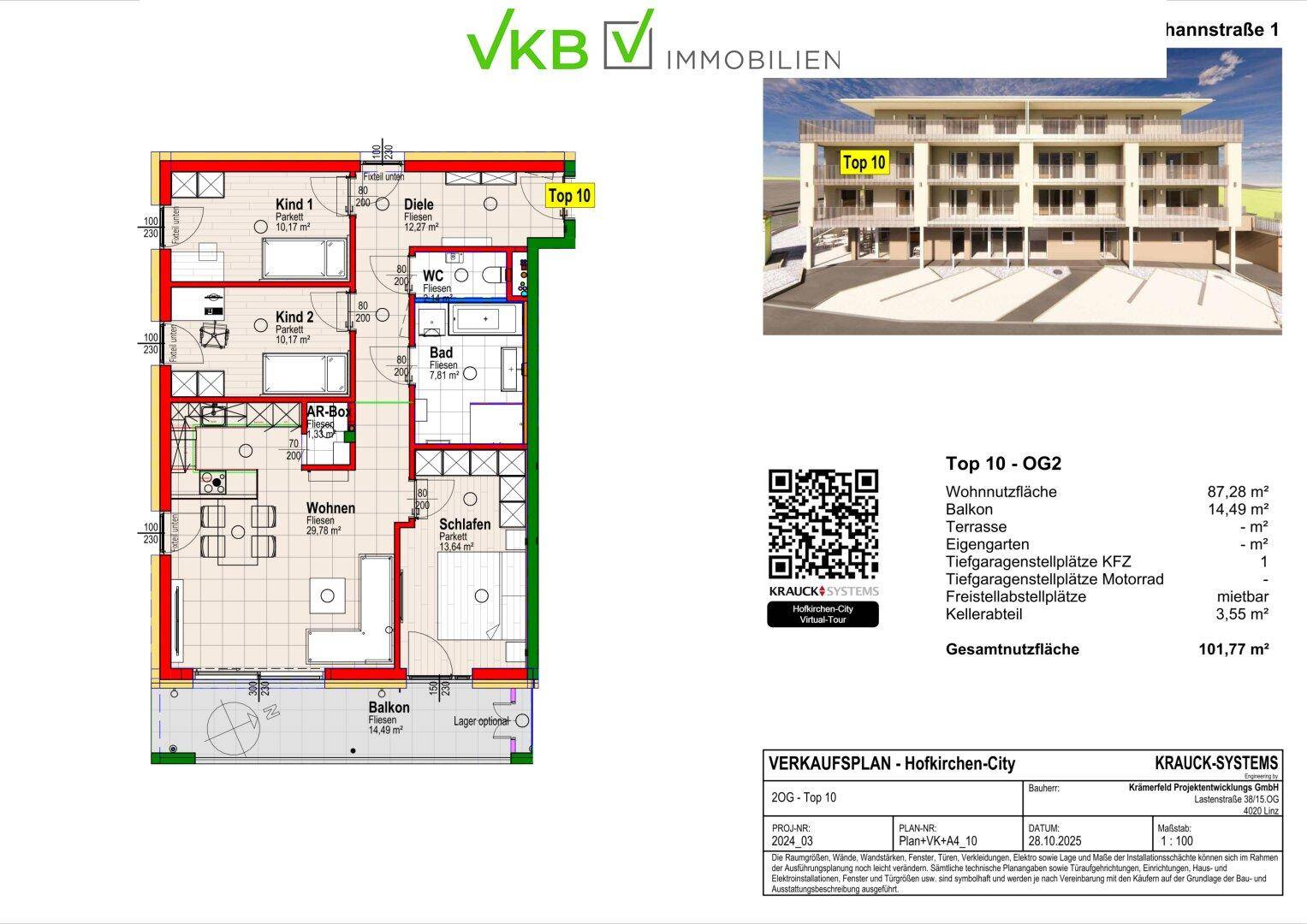 Detaillierter Grundriss der Wohnung Top 10 mit drei Schlafzimmern und offenem Wohnbereich, ergänzt durch eine moderne Außenansicht des Neubaus.