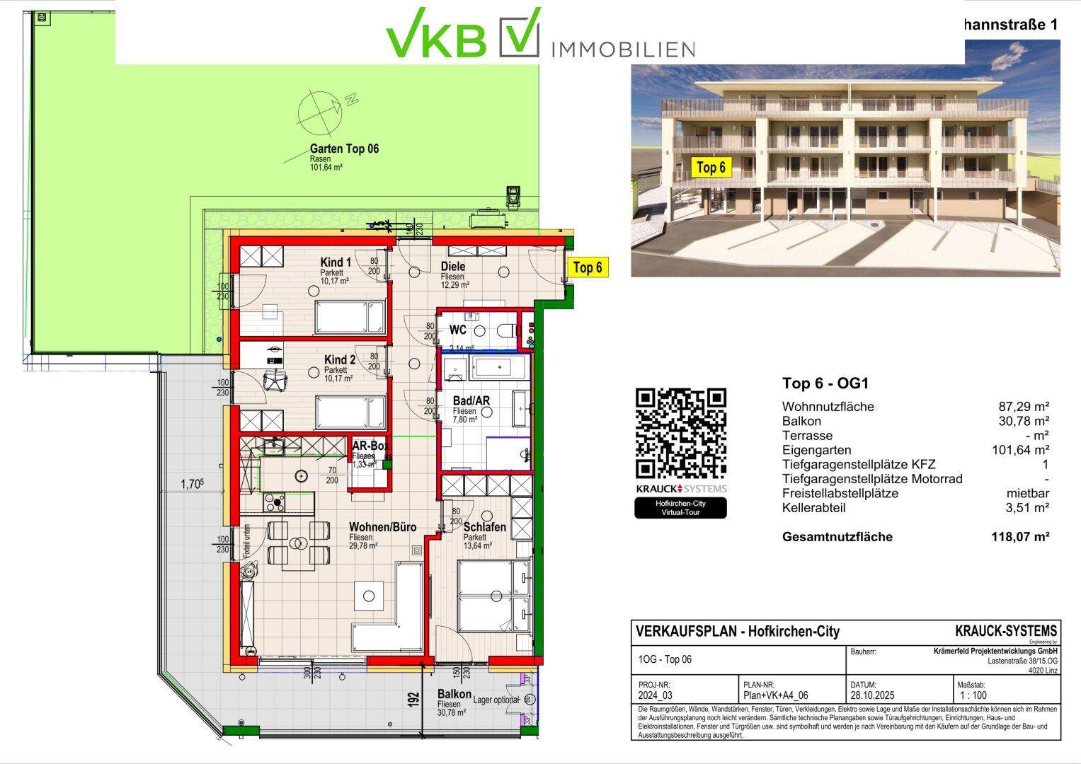 Grundriss einer modernen Wohnung mit Garten, Balkon und mehreren Zimmern, ergänzt durch eine Außenansicht des Neubaus.