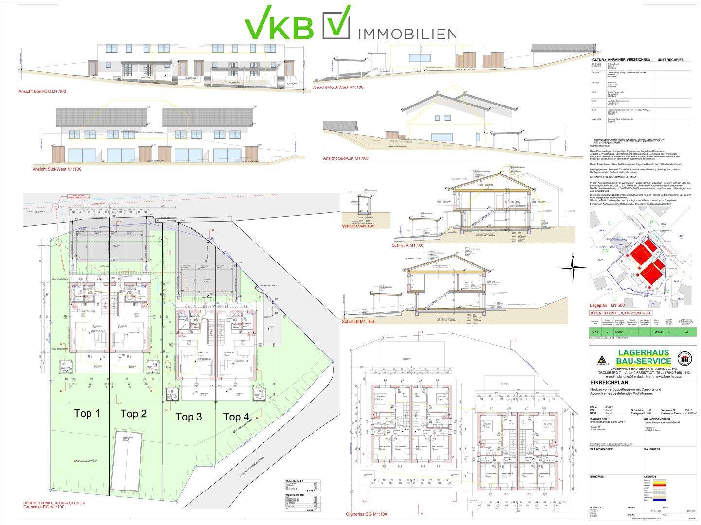 Detaillierter Einreichplan mit Grundrissen, Ansichten und Schnitten für mehrere Wohneinheiten.