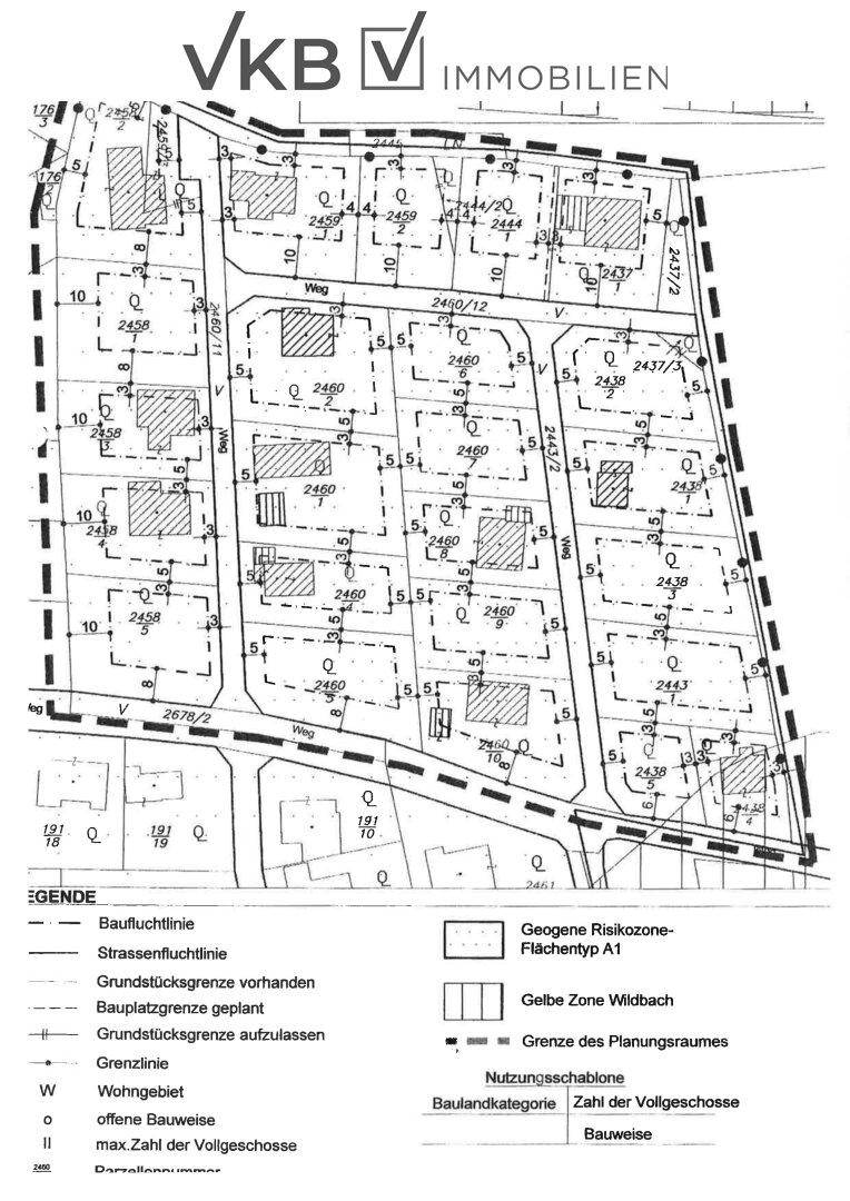Übersichtsplan der Siedlung mit Parzellen, Baugrenzen und Bebauungsvorschriften.