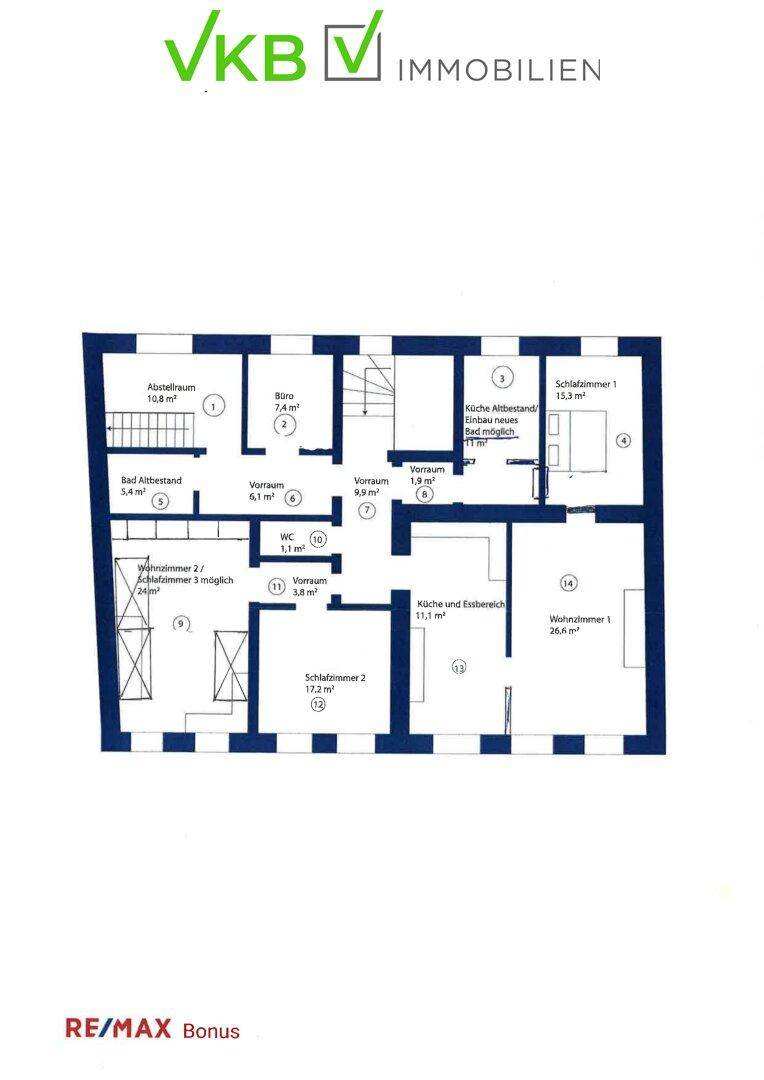 Grundrissplan einer Etage mit mehreren Zimmern, Bad und Abstellraum, inklusive Flächenangaben.
