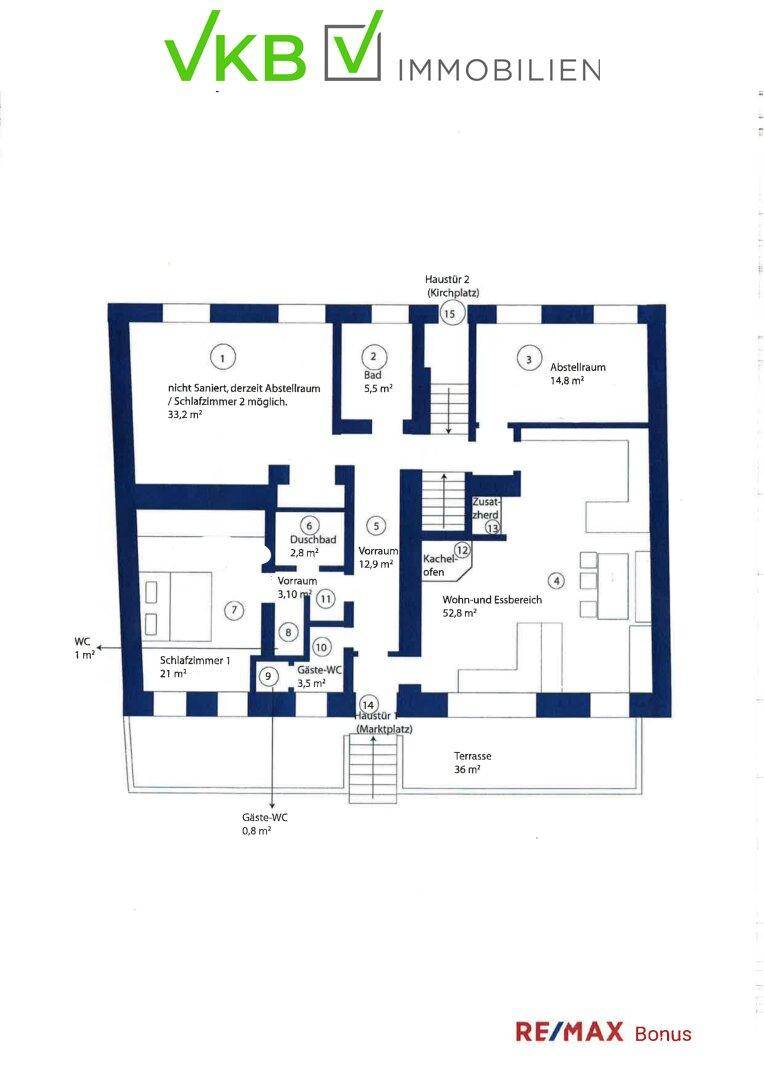Grundrissplan einer Etage mit Wohn- und Essbereich, Schlafzimmern und einer Terrasse.
