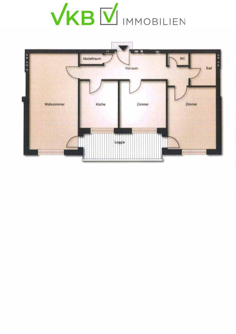 Übersichtlicher Grundriss der Wohnung mit Wohnzimmer, Küche und Loggia.
