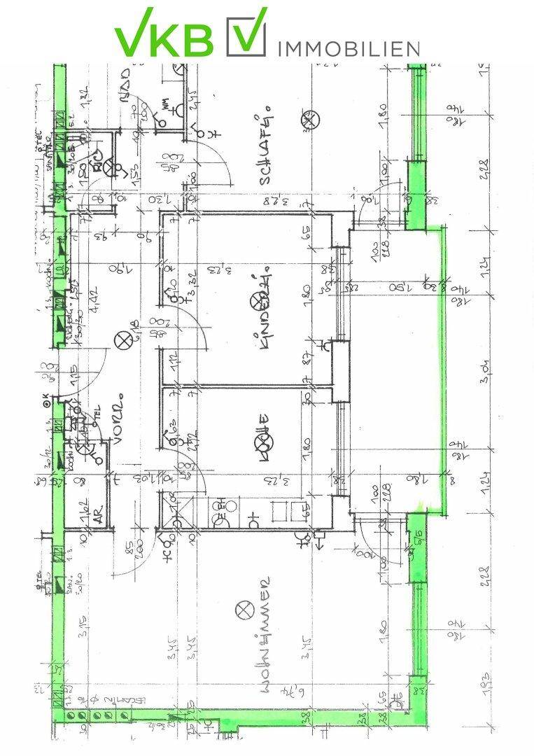 Detaillierter Bauplan der Wohnung mit Maßen und Raumaufteilung.