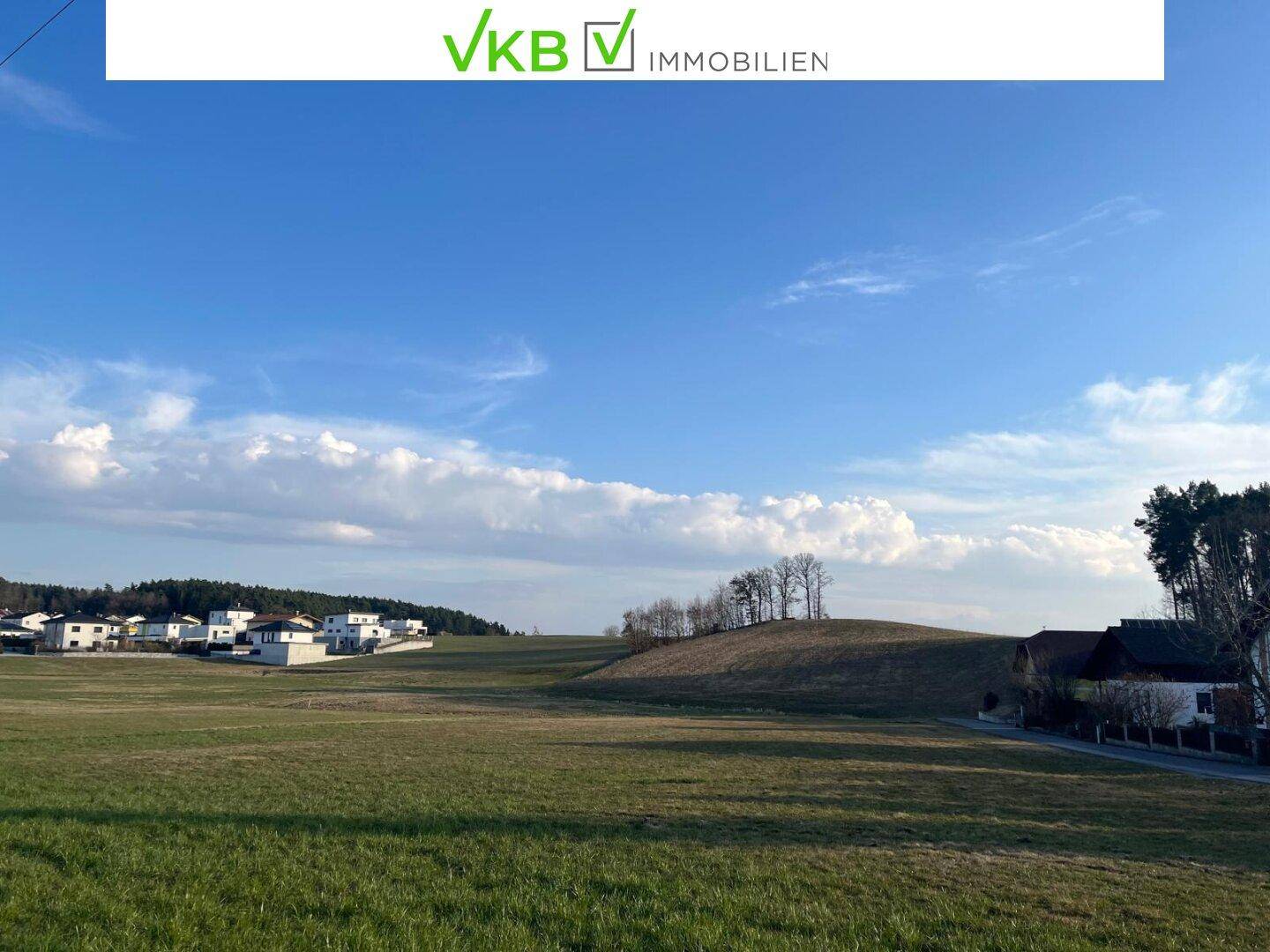 Weitläufige grüne Landschaft mit sanften Hügeln und Siedlungshäusern am Horizont unter blauem Himmel.