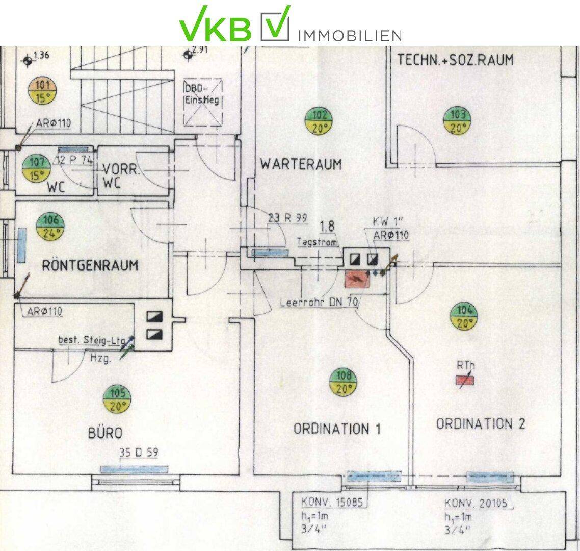 Detaillierter Grundriss einer Gewerbeeinheit mit Wartezimmer, Büros und Behandlungsräumen.