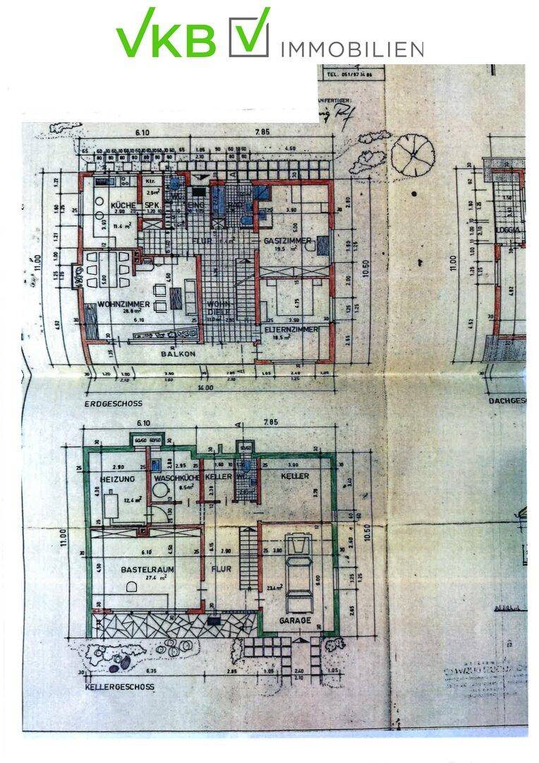 Detaillierter Grundriss des Erdgeschosses und Kellergeschosses mit Raumaufteilung.