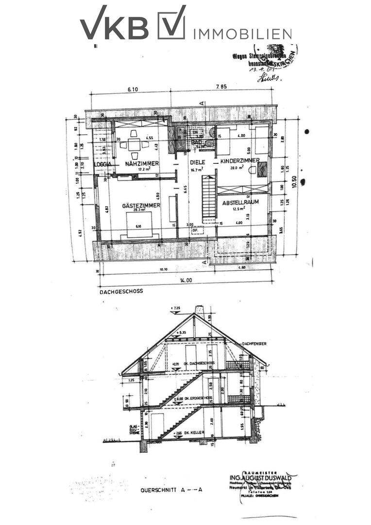 Grundriss des Dachgeschosses und Querschnitt des Gebäudes mit Raumbezeichnungen.