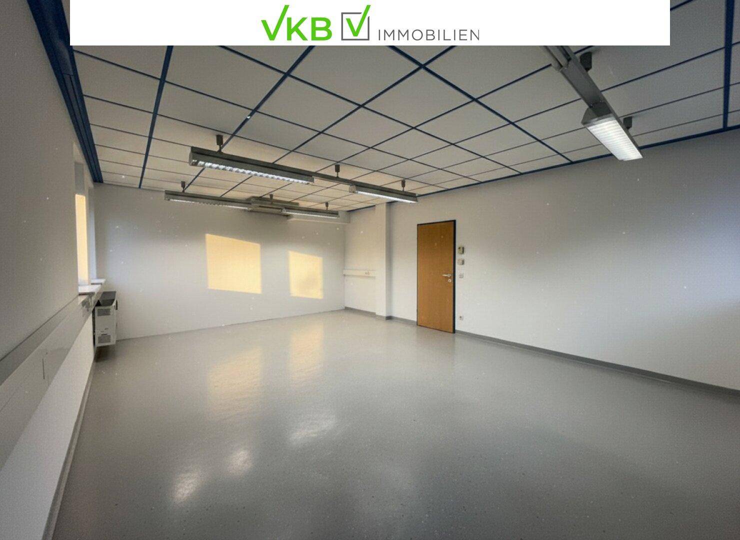 Leerer Büroraum mit hellen Wänden, funktionaler Beleuchtung und einem Fenster, das Sonnenlicht hereinlässt.