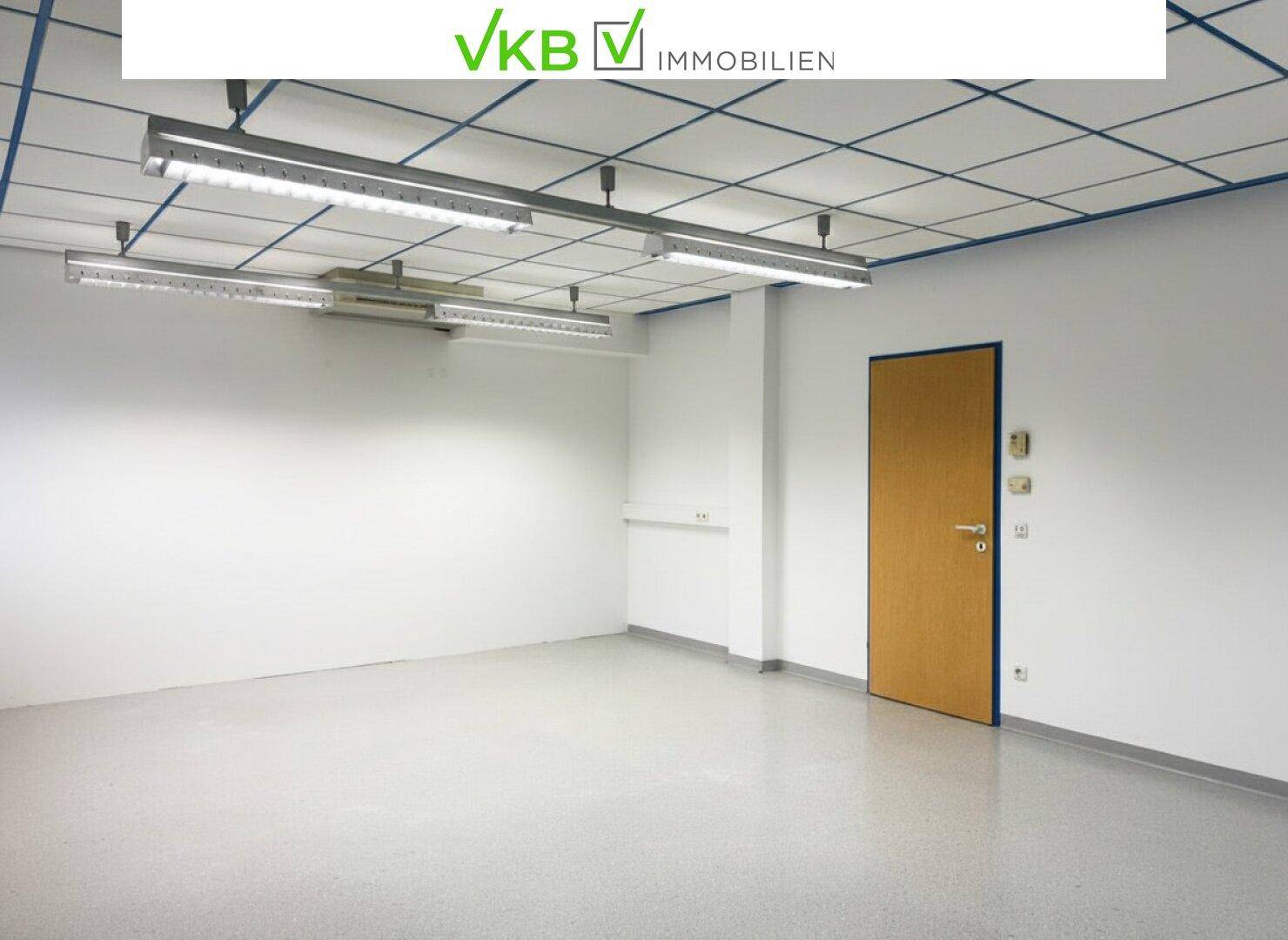 Geräumiger, leerer Büroraum mit hohen Decken, weiß gestrichenen Wänden und funktionaler Beleuchtung.