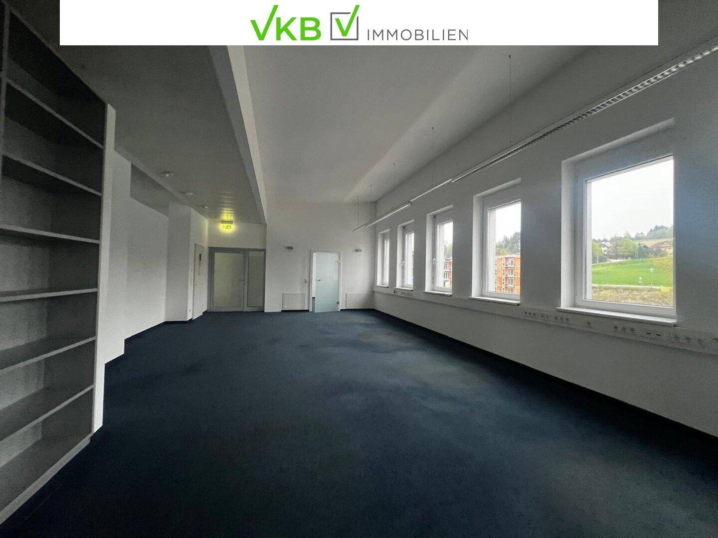 Geräumiger Bürobereich mit dunklem Teppichboden, Regalen und mehreren Fenstern, die Tageslicht spenden.