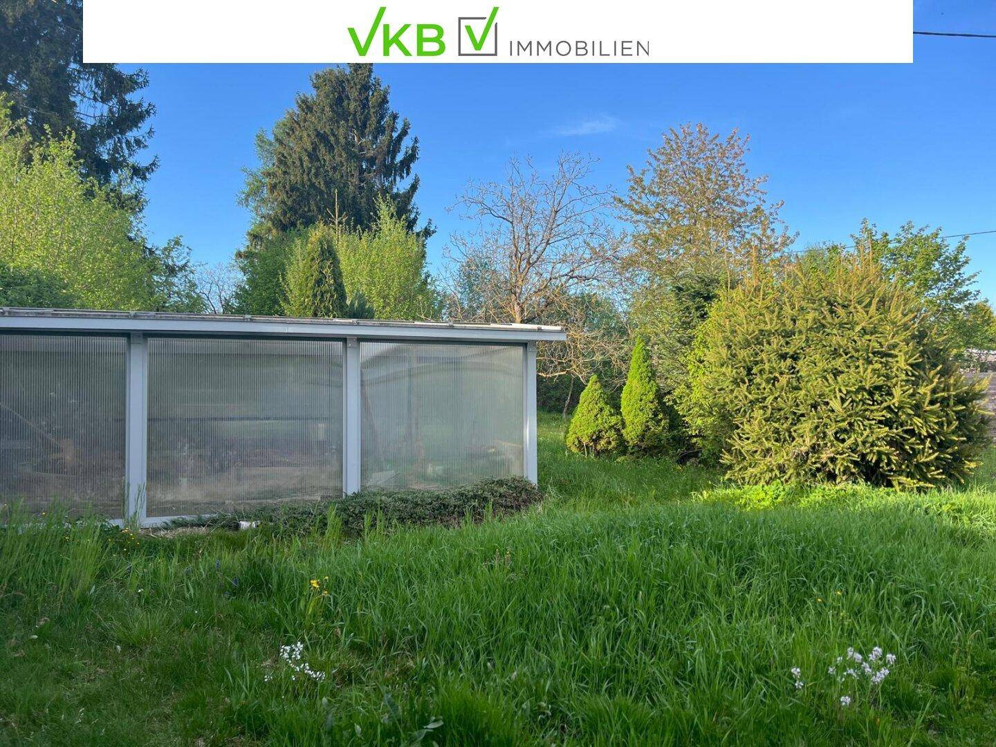 Sonniger Garten mit üppigem Rasen und einem praktischen Gewächshaus für Pflanzen.