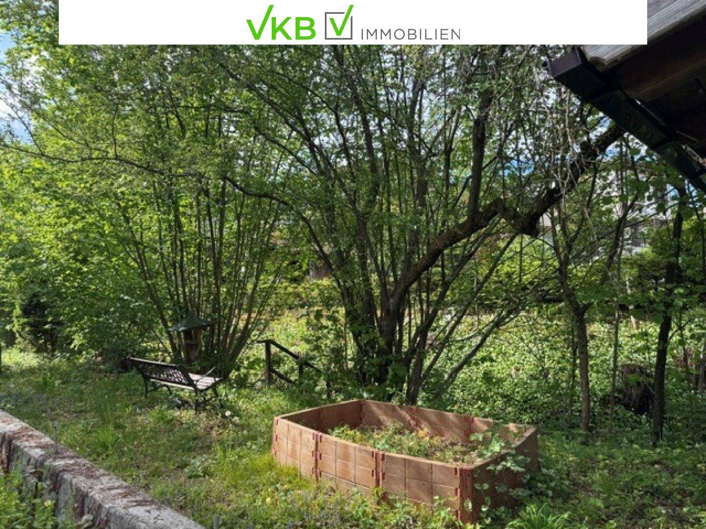 Grüner Gartenbereich mit Bäumen, einer Bank und einem Hochbeet für Pflanzen.