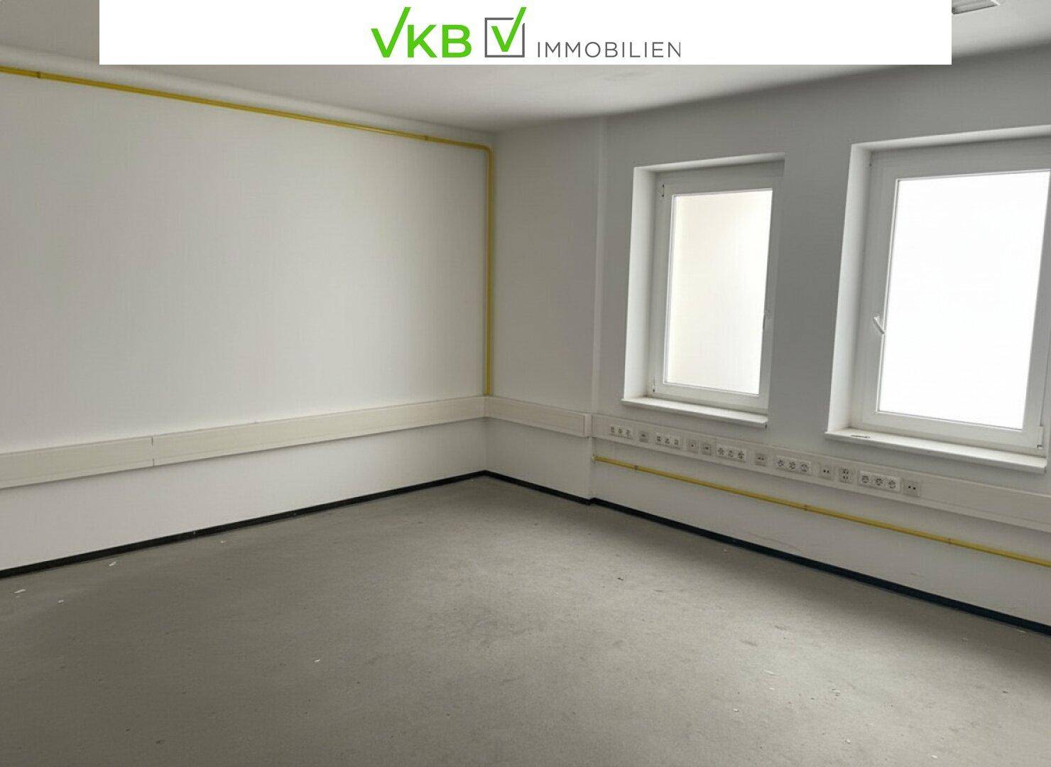 Leerer Raum mit grauem Boden, weißen Wänden und zwei Fenstern, ideal für Renovierung.